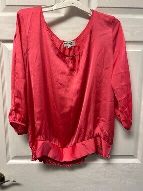 Kate & Mallory Hot Pink Satin Blouse - Smocked Hem Long Sleeve Top 1X